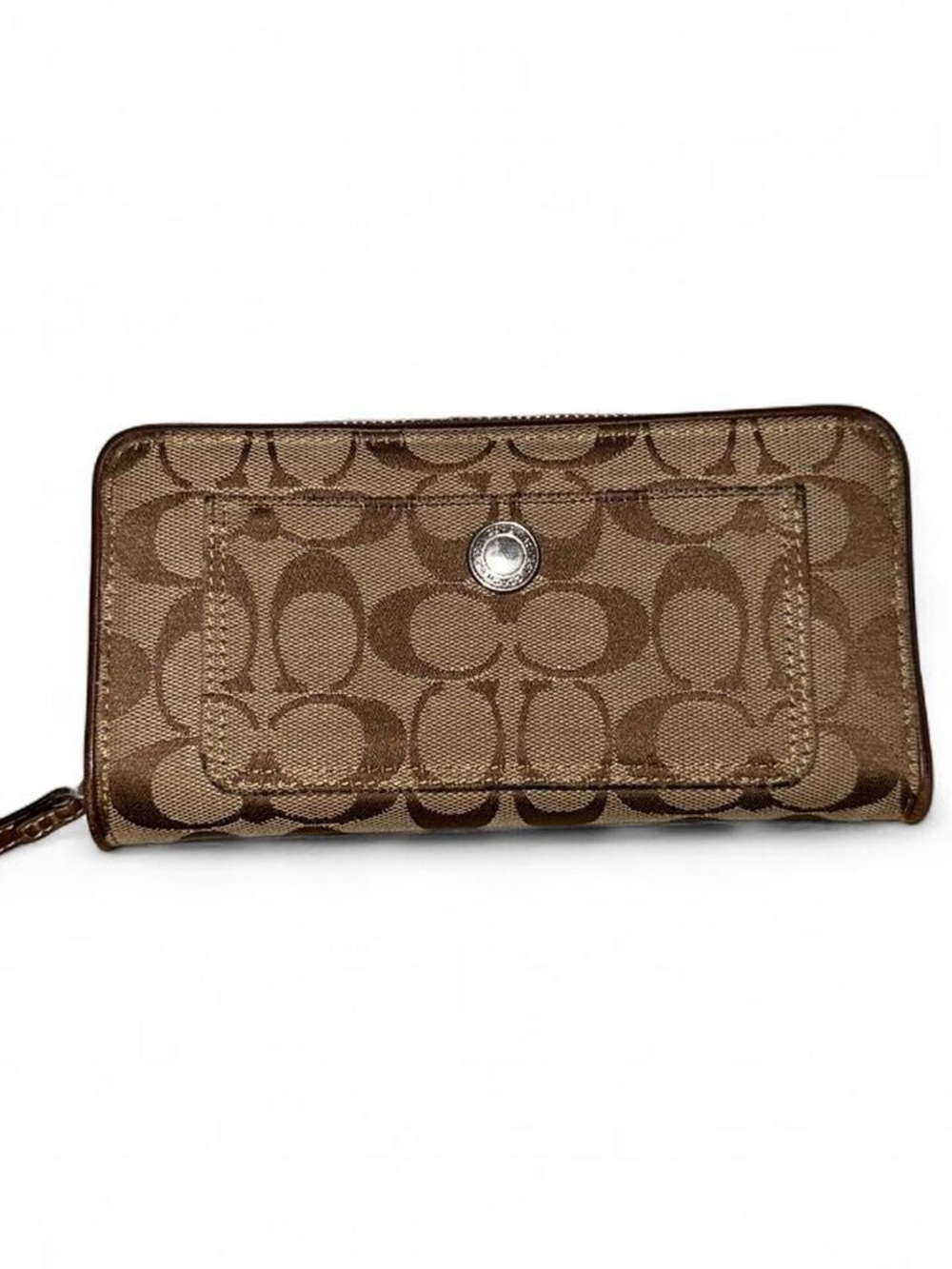 Coach Brown Signature Zip-Around Wallet with Front Snap Pocket